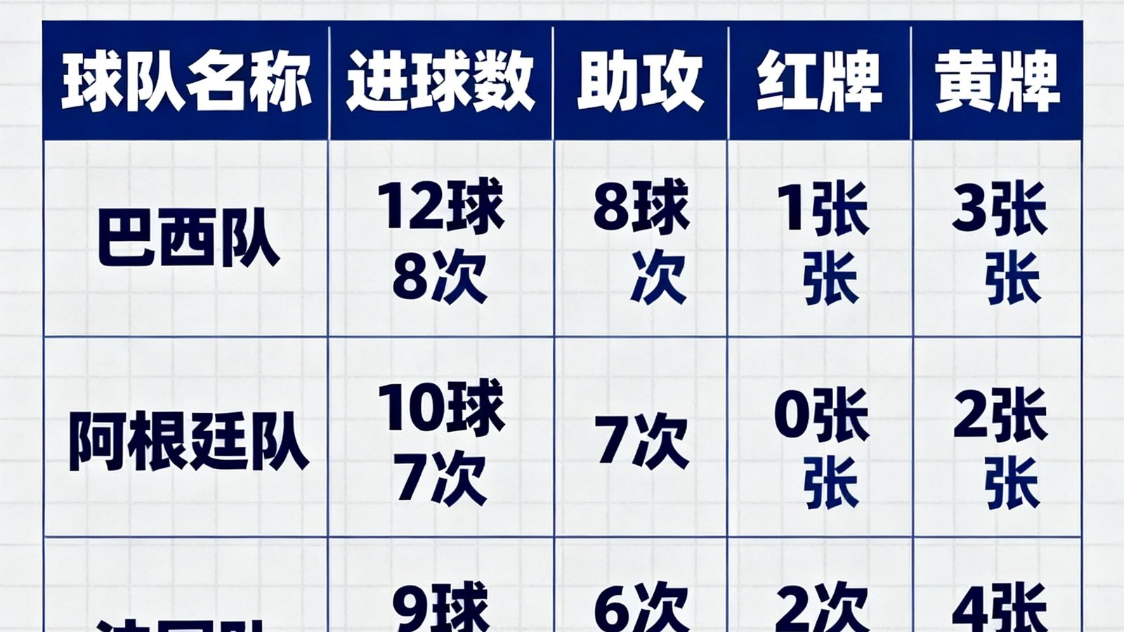 世界杯球队数据榜展示进球数、助攻、红黄牌等深度指标